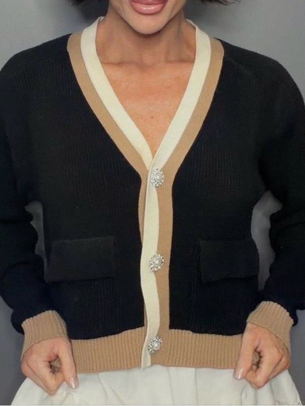 Laundry By Shelli Segal Black Cardigan with Beige and Cream Trim